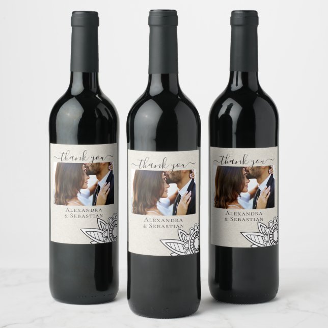 Modern Flower Grey Tan White Personalised Wedding Wine Label (Bottles)