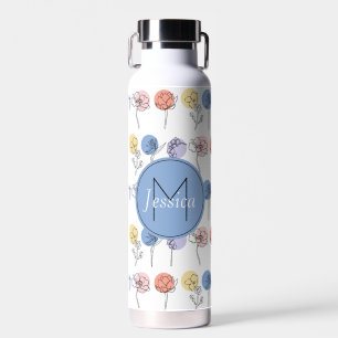 Modern Flower Line Drawings with Pastel Colours Water Bottle