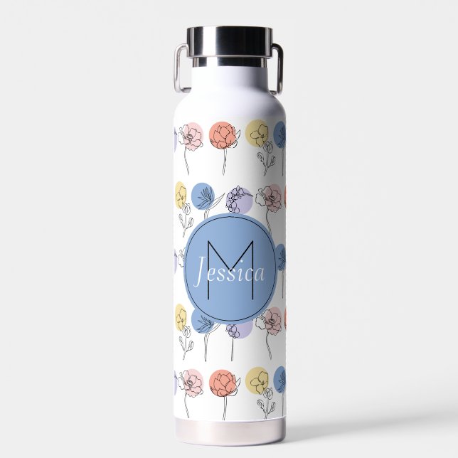 Modern Flower Line Drawings with Pastel Colours Water Bottle (Front)