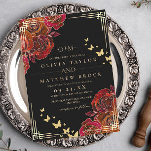Modern Flower Red and  Black Gold Rose Wedding Invitation