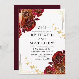 Modern Flower Red Rose and Gold Wedding Invitation
