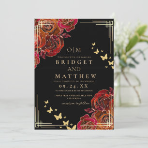 Modern Flower Red Rose Black Wedding Invitation