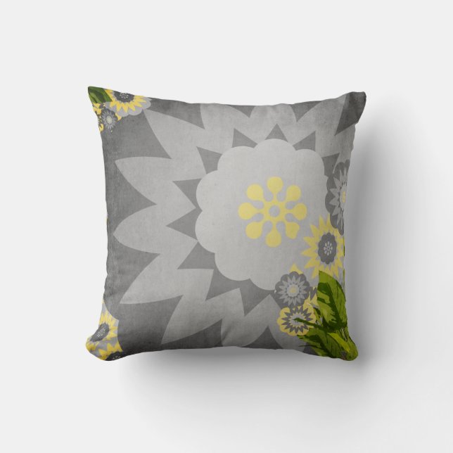 Modern Flowers in Grey and Yellow Cushion (Front)