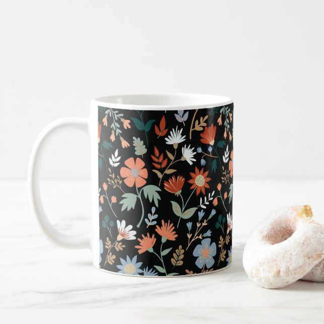 Modern Flowers Leaves Black Orange Blue Floral Coffee Mug (With Donut)