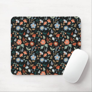 Modern Flowers Leaves Black Orange Blue Floral Mouse Pad