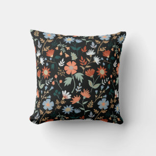 Modern Flowers Leaves Black Orange Blue Print Cushion