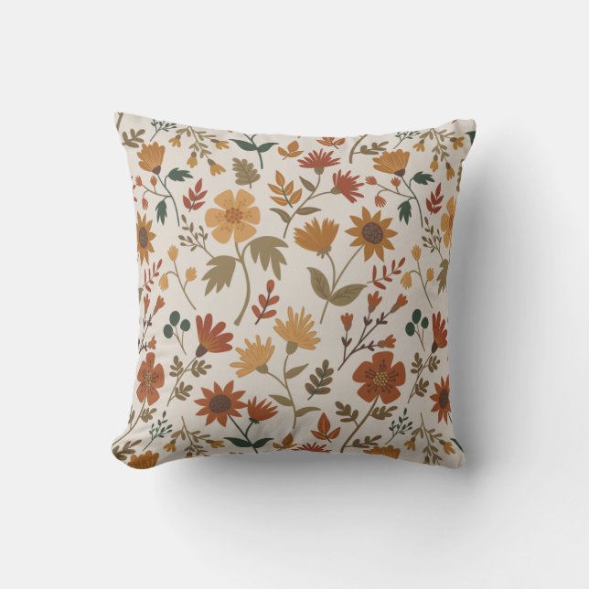 Modern Flowers Leaves Gold Rust Girly Pattern Cushion (Front)