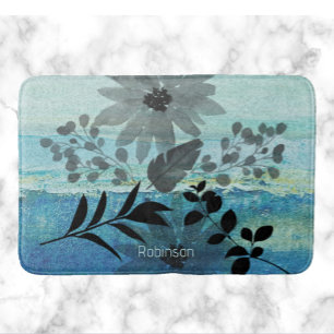 Modern Flowers On Dreamy Blue Background Bath Mat