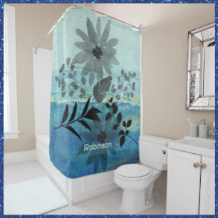 Modern Flowers On Dreamy Blue Background   Shower Curtain