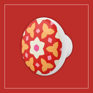 Modern Flowers on Red and Peach Geometric Floral Ceramic Knob