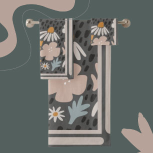Modern Flowers Perwinkle, Orange, Blush on Brown Bath Towel Set