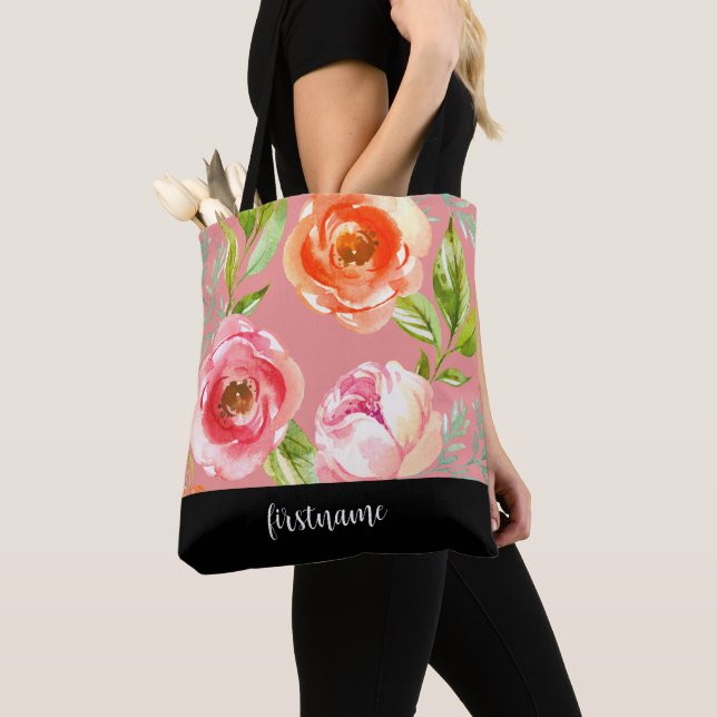 Modern Flowers with Feminine Script Monogram Tote Bag (Close Up)