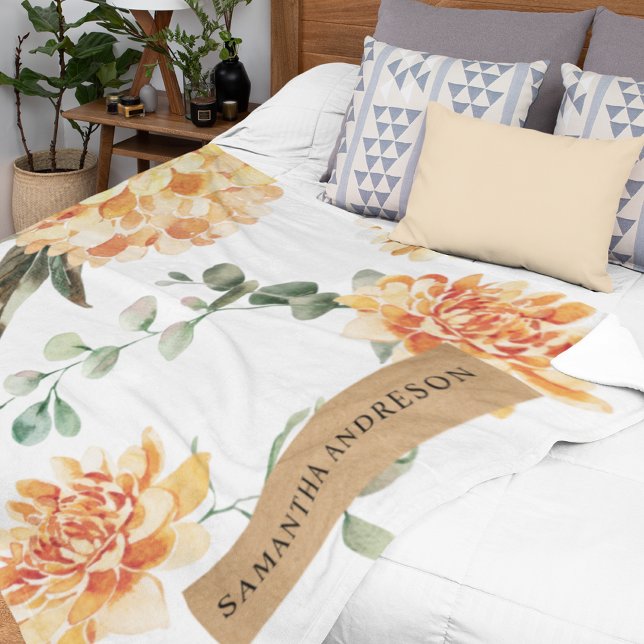Modern Flowers Yellow & Kraft Personalised Gift Fleece Blanket (Creator Uploaded)