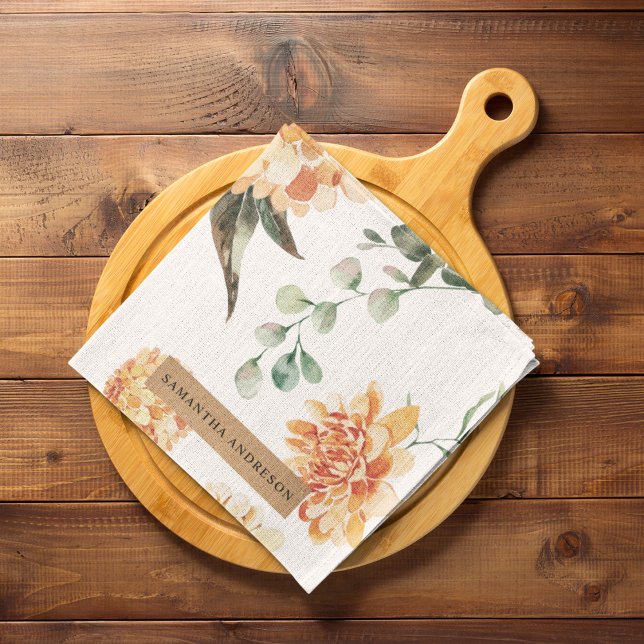 Modern Flowers Yellow & Kraft Personalised Gift Tea Towel (Creator Uploaded)