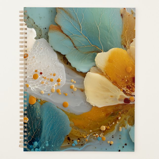 Modern Fluid Abstract Teal Gold Bubbles & Veins Planner (Front)