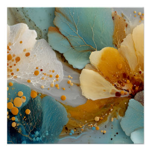 Modern Fluid Abstract Teal Gold Bubbles & Veins Poster