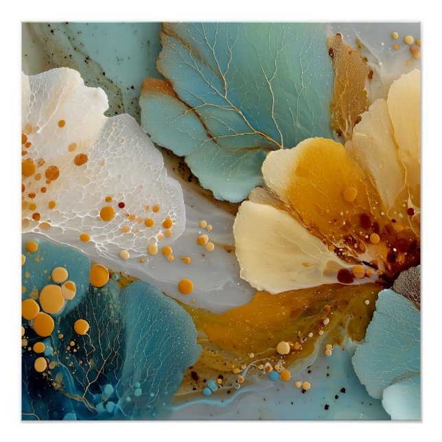 Modern Fluid Abstract Teal Gold Bubbles & Veins Poster (Front)