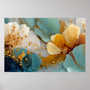 Modern Fluid Abstract Teal Gold Bubbles & Veins Poster