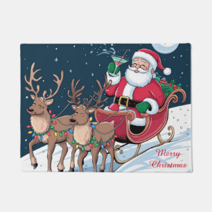 Modern Flying Santa Sleigh Reindeer Doormat