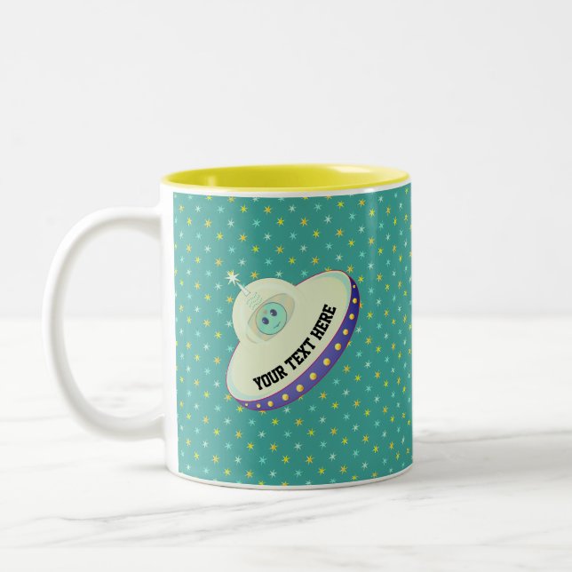 Modern flying saucer & stars on teal Two-Tone coffee mug (Left)