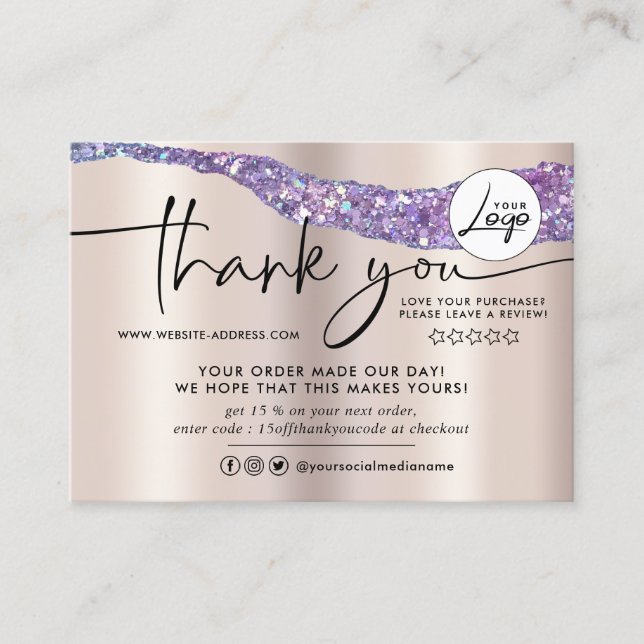 Modern Foil & Glitter Order Thank You Business Card (Front)
