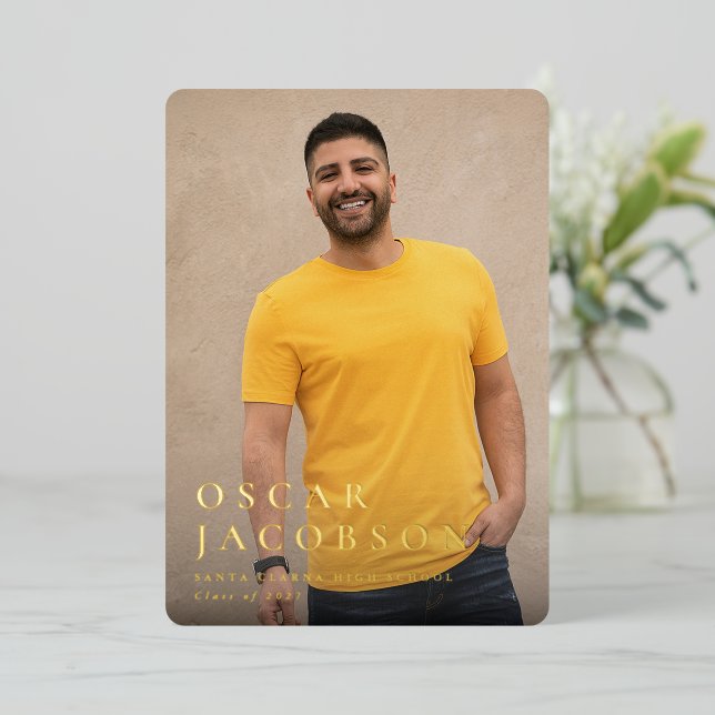 Modern Foil Text Graduation Photo Announcement (Standing Front)