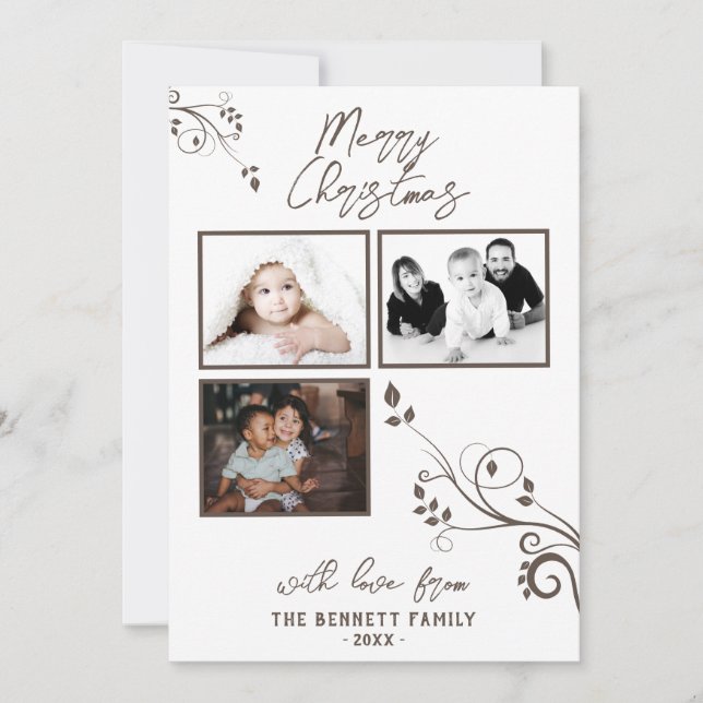 Modern Foliage 3 Photo Collage Christmas Card (Front)