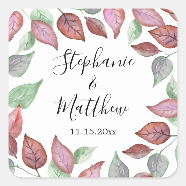 Modern Foliage Burgundy Watercolor Leaves Wedding Square Sticker (Front)