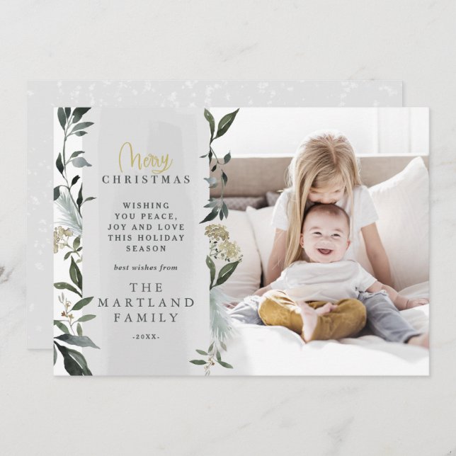 Modern foliage eucalyptus script multi photo holiday card (Front/Back)