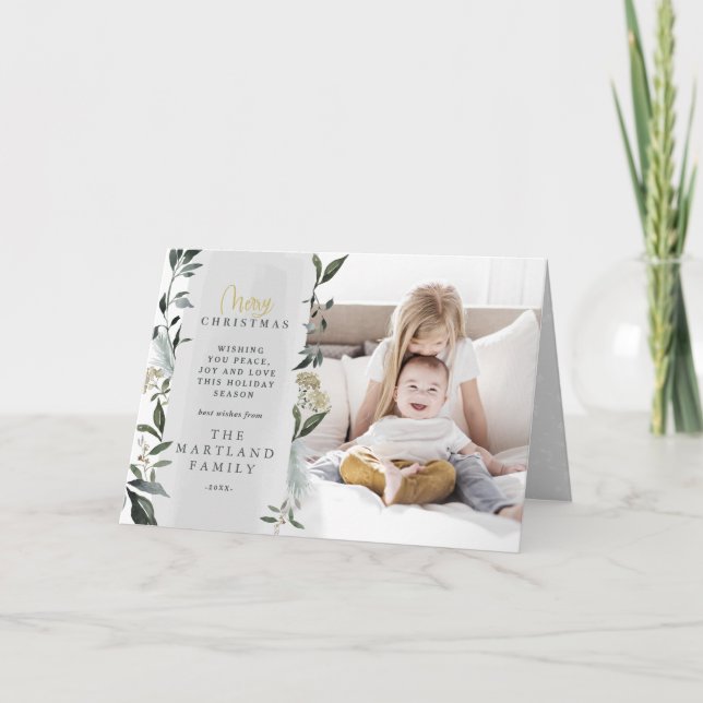 Modern foliage eucalyptus script photo Christmas Holiday Card (Front)