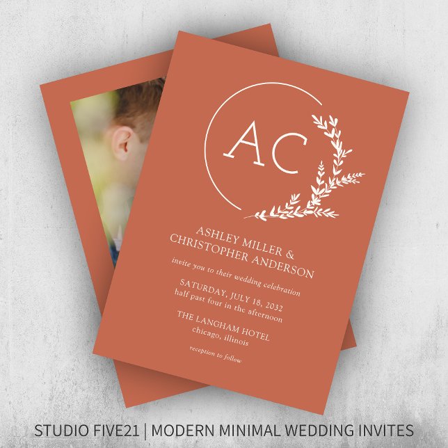 Modern Foliage Frame Copper Red Photo Wedding Invitation (Creator Uploaded)