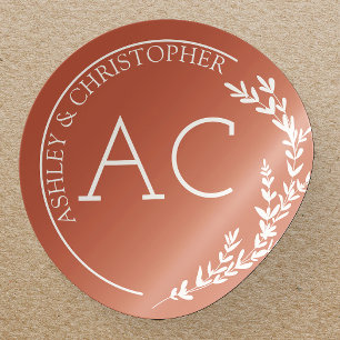 Modern Foliage Frame Copper Red Wedding Classic Round Sticker