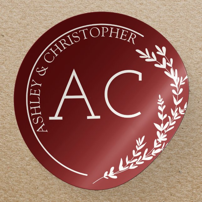 Modern Foliage Frame Crimson Red Wedding Classic Round Sticker (Creator Uploaded)