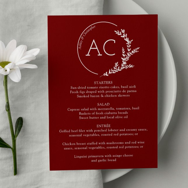 Modern Foliage Frame Crimson Red Wedding Reception Menu (Creator Uploaded)