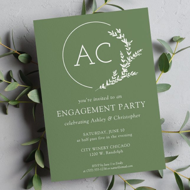 Modern Foliage Frame Muted Green Engagement Party Invitation (Creator Uploaded)