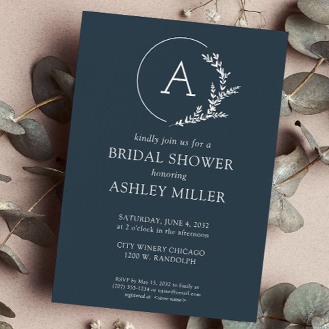 Modern Foliage Frame Navy Blue Bridal Shower Invitation (Creator Uploaded)