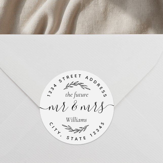 Modern Foliage Future Mr Mrs Wedding Address Classic Round Sticker (Creator Uploaded)