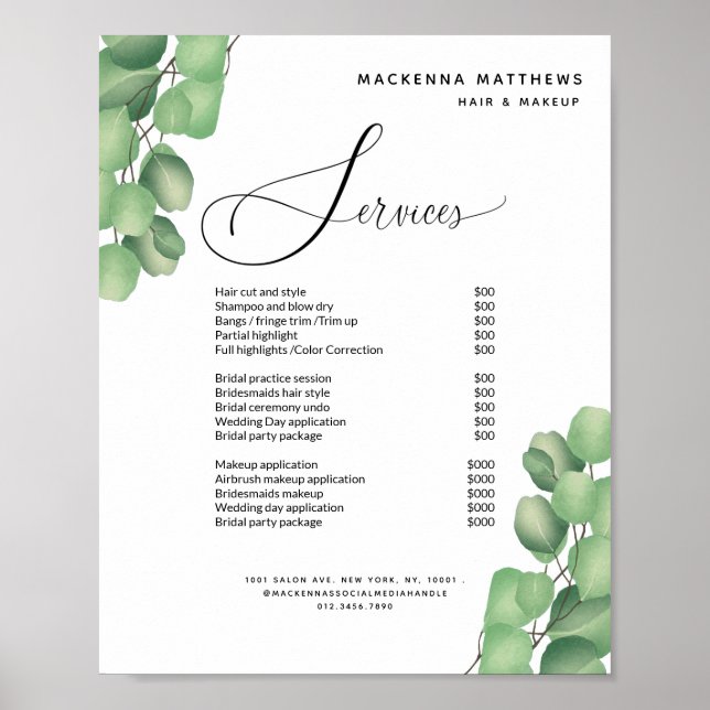 Modern Foliage Hair Salon Price List Service Menu  Poster (Front)