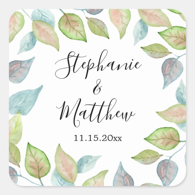 Modern Foliage Painted Watercolor Leaves Wedding Square Sticker (Front)