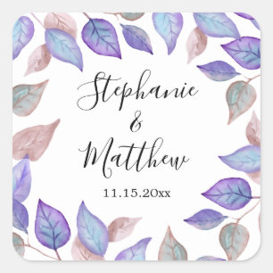 Modern Foliage Purple Watercolor Leaves Wedding Square Sticker