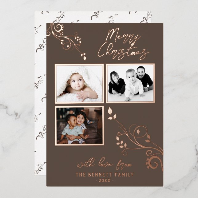 Modern Foliage Real Foil 3 Photo Collage  Foil Holiday Card (Front/Back)