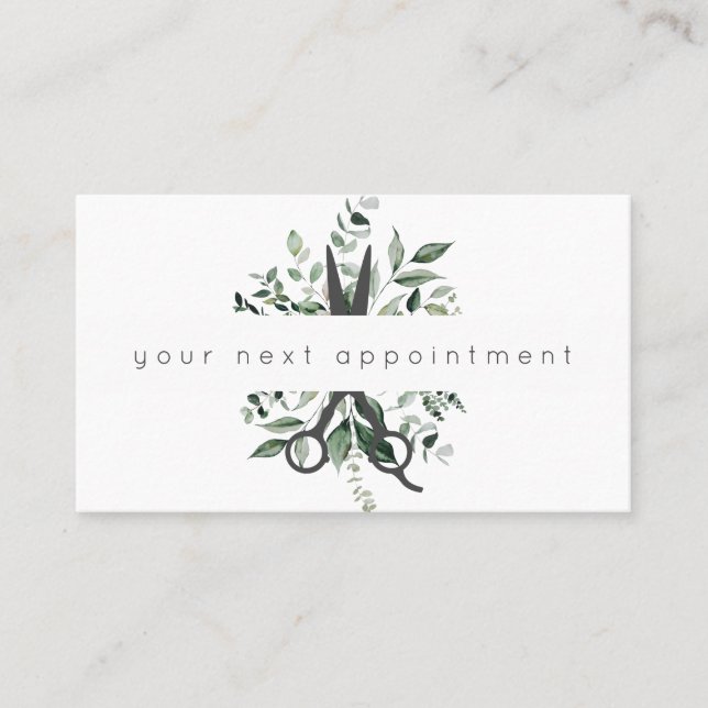 Modern Foliage Salon Scissors Logo Appointment Bus Business Card (Front)