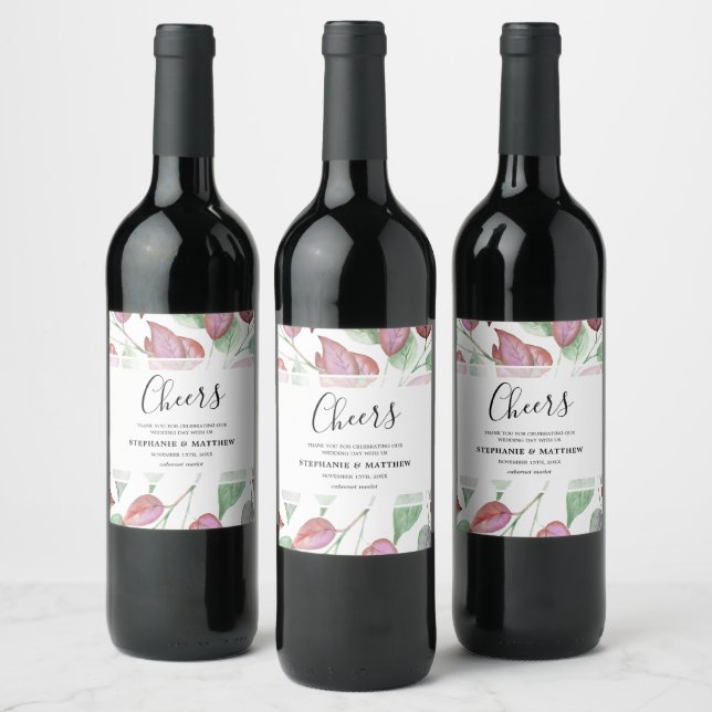 Modern Foliage Watercolor Burgundy Leaves Wedding Wine Label (Bottles)