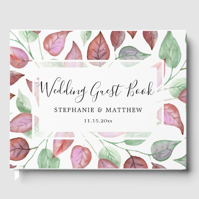 Modern Foliage Watercolor Burgundy Painted Wedding Guest Book (Front)