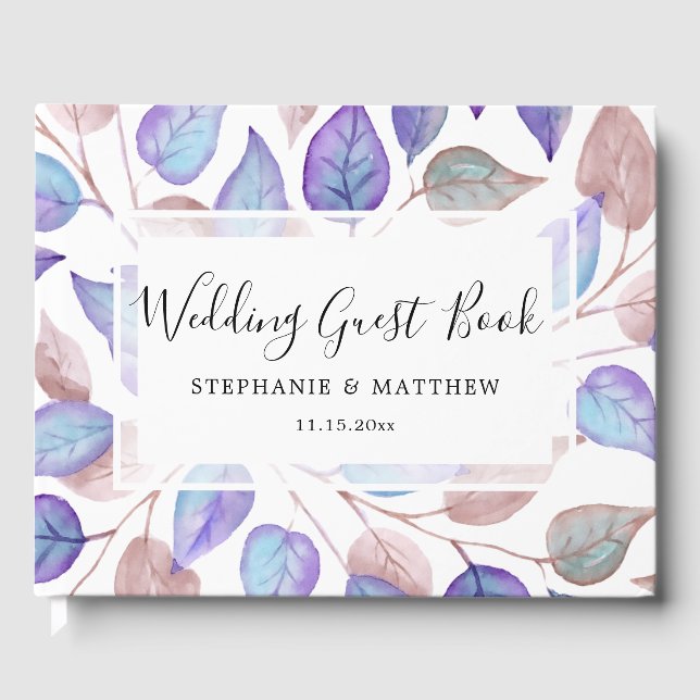 Modern Foliage Watercolor Purple Painted Wedding Guest Book (Front)