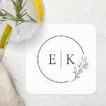 Modern Foliage Wedding Monogram Square Paper Coaster<br><div class="desc">Custom-designed wedding monogram coaster featuring modern line drawing style circle and foliage design.</div>