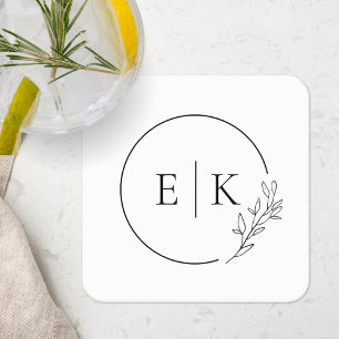 Modern Foliage Wedding Monogram Square Paper Coaster