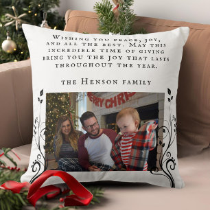 Modern Foliage Wishes Family Photo Christmas Cushion