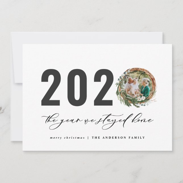 Modern foliage wreath 2020 stayed home holiday card (Front)