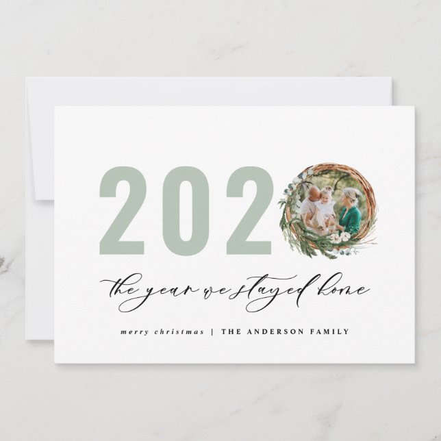 Modern foliage wreath 2020 stayed home holiday card (Front)
